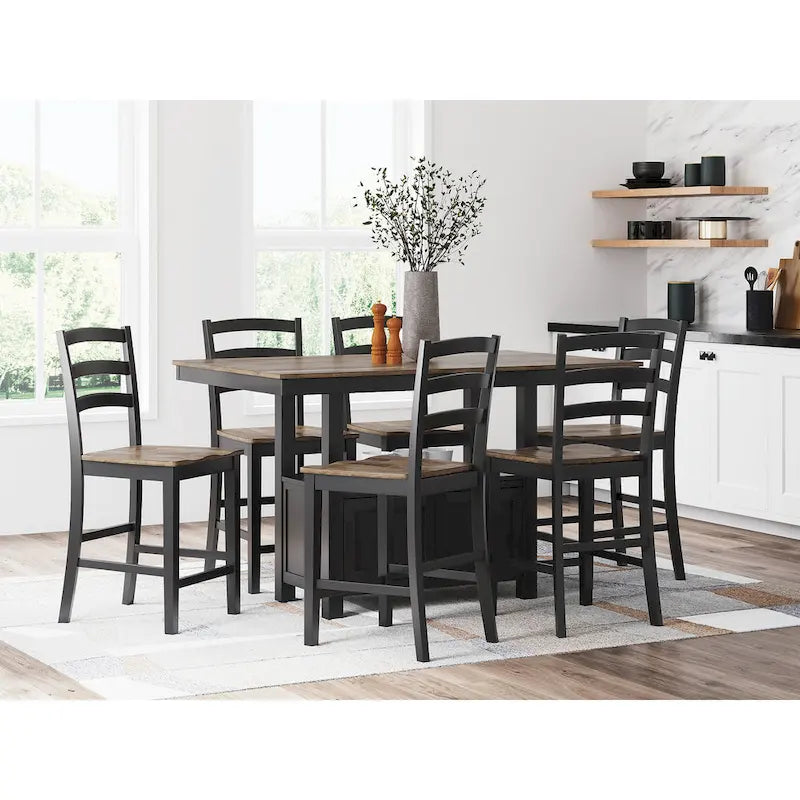 Farmhouse Counter Height Dining Table with Butcher Block Top and Storage Pedestal