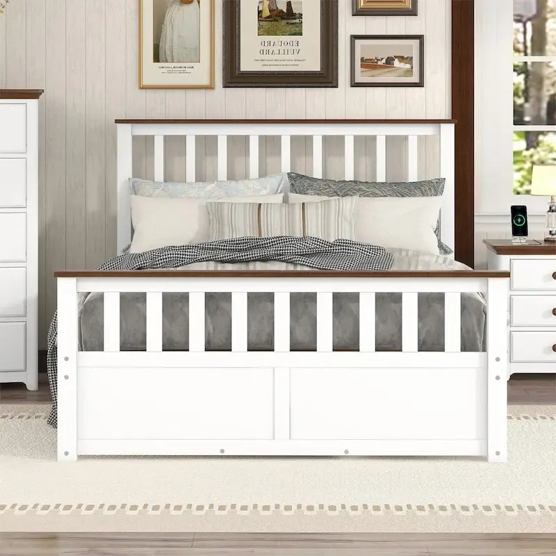 Wood Slat Platform Bed with Vertical Headboard, Footboard and 2 Drawers