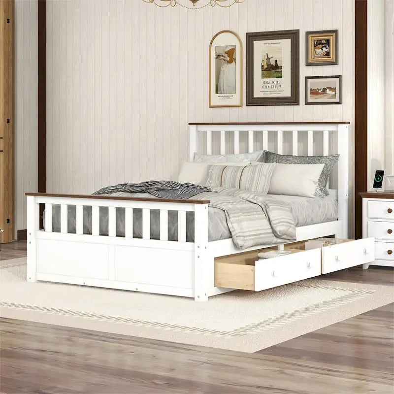 Wood Slat Platform Bed with Vertical Headboard, Footboard and 2 Drawers
