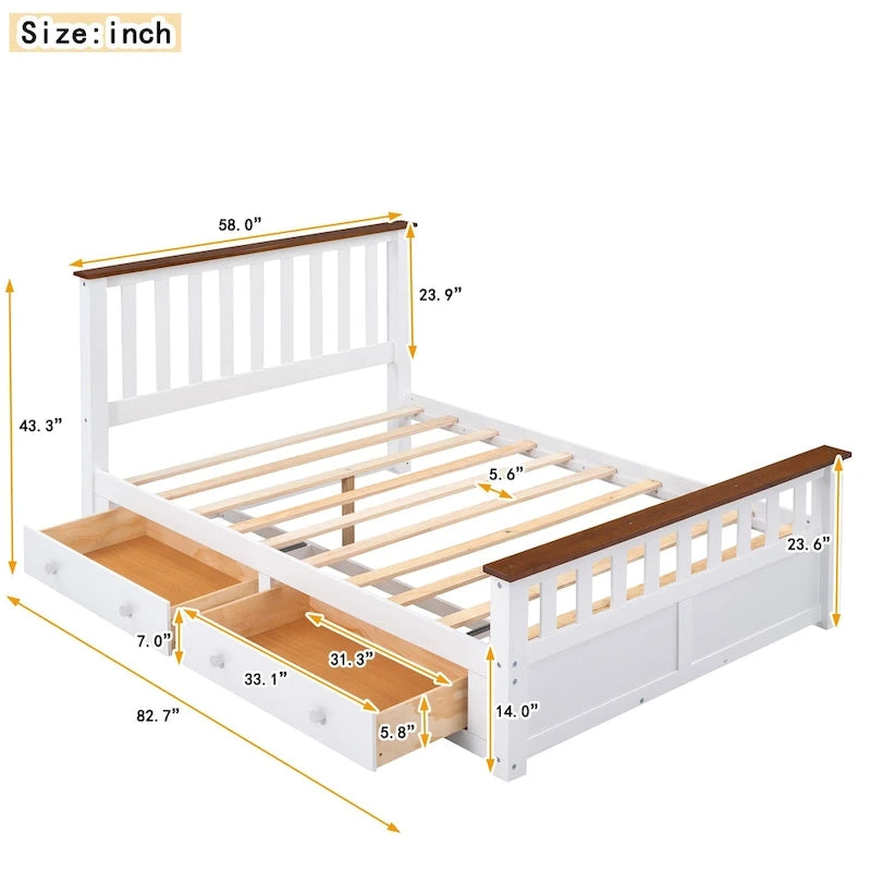 Wood Slat Platform Bed with Vertical Headboard, Footboard and 2 Drawers