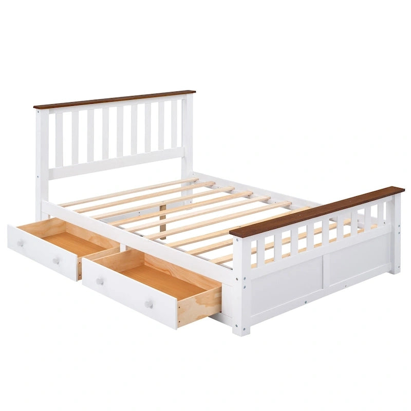 Wood Slat Platform Bed with Vertical Headboard, Footboard and 2 Drawers