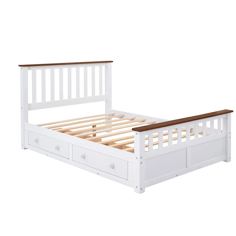 Wood Slat Platform Bed with Vertical Headboard, Footboard and 2 Drawers