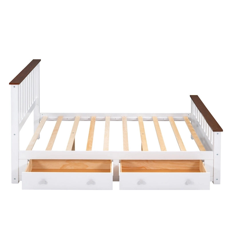Wood Slat Platform Bed with Vertical Headboard, Footboard and 2 Drawers