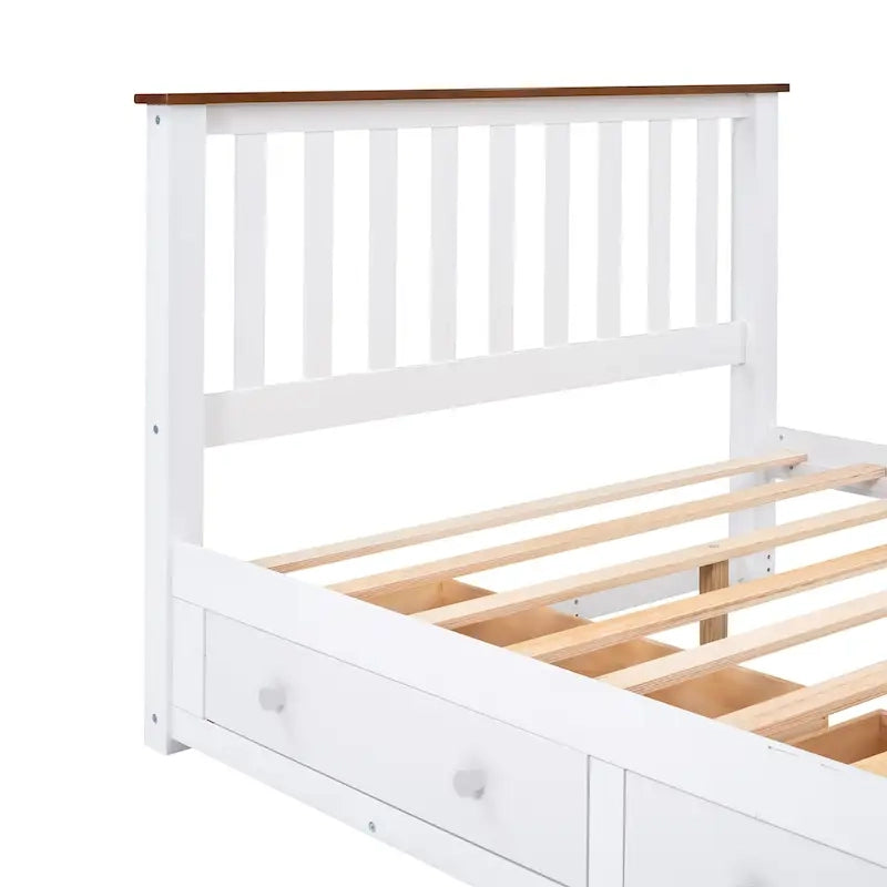 Wood Slat Platform Bed with Vertical Headboard, Footboard and 2 Drawers