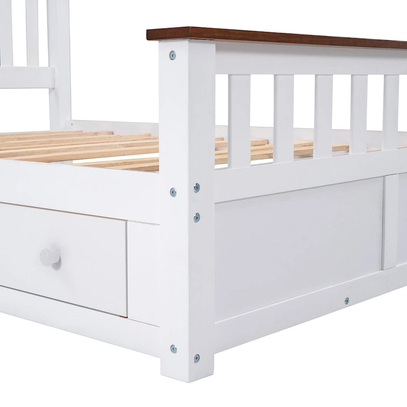 Wood Slat Platform Bed with Vertical Headboard, Footboard and 2 Drawers
