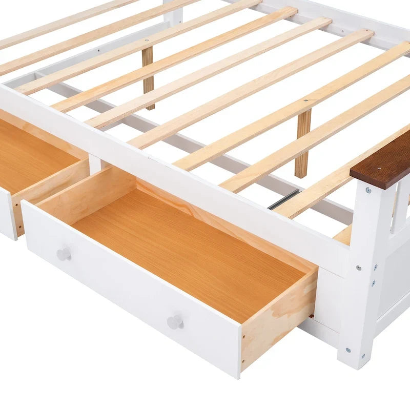 Wood Slat Platform Bed with Vertical Headboard, Footboard and 2 Drawers