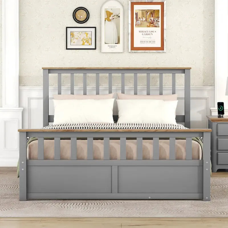 Wood Slat Platform Bed with Vertical Headboard, Footboard and 2 Drawers