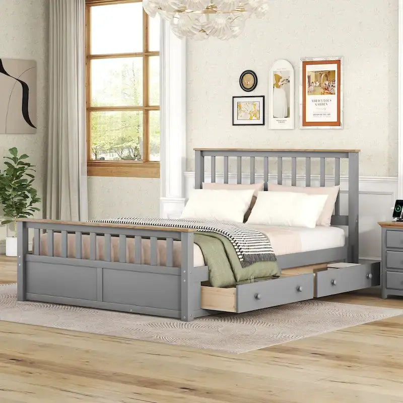 Wood Slat Platform Bed with Vertical Headboard, Footboard and 2 Drawers