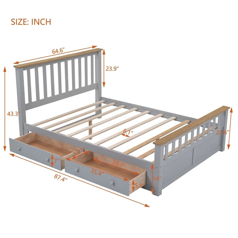 Wood Slat Platform Bed with Vertical Headboard, Footboard and 2 Drawers