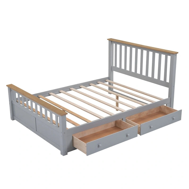 Wood Slat Platform Bed with Vertical Headboard, Footboard and 2 Drawers