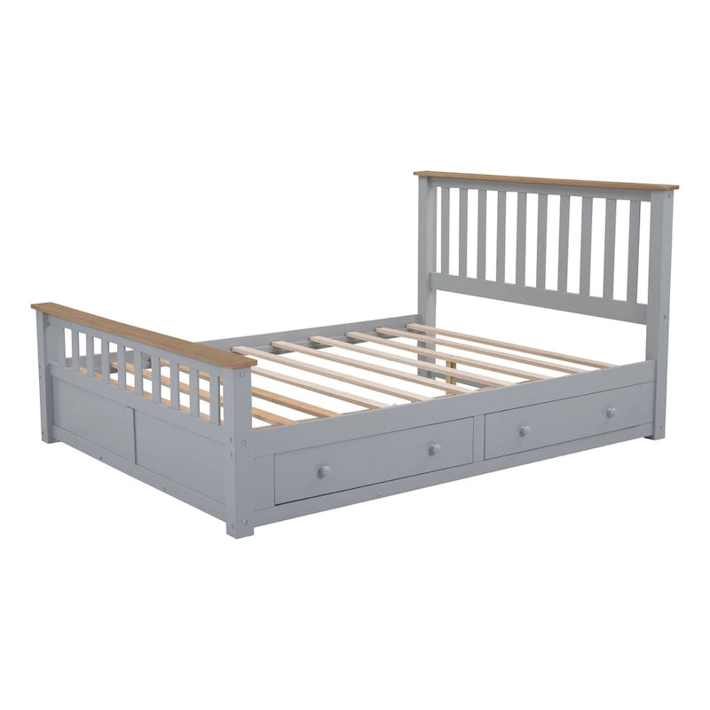 Wood Slat Platform Bed with Vertical Headboard, Footboard and 2 Drawers