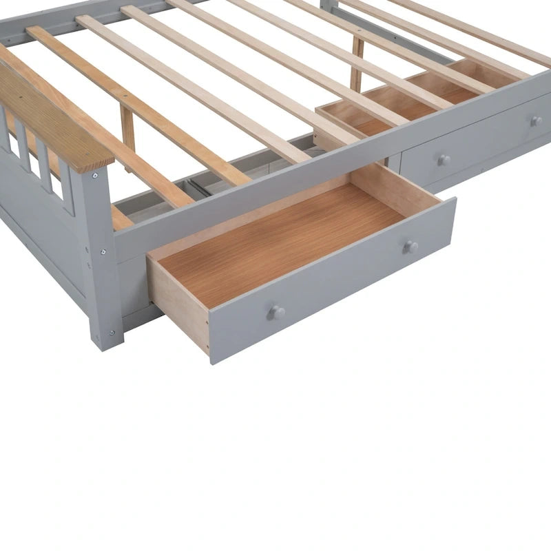 Wood Slat Platform Bed with Vertical Headboard, Footboard and 2 Drawers