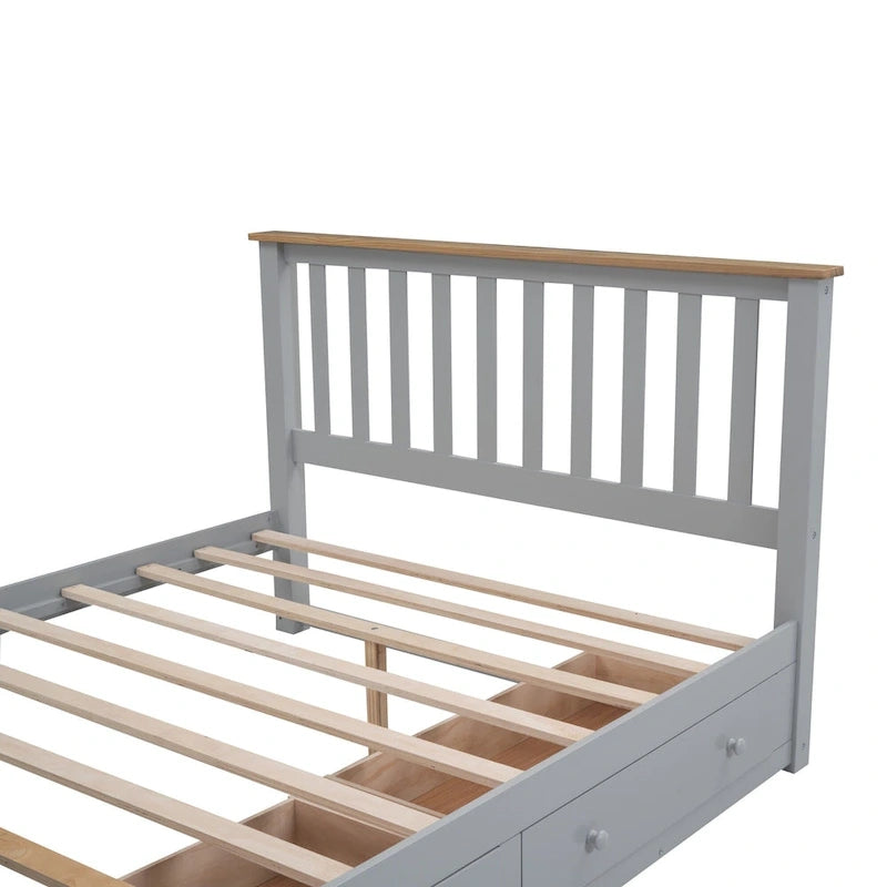 Wood Slat Platform Bed with Vertical Headboard, Footboard and 2 Drawers