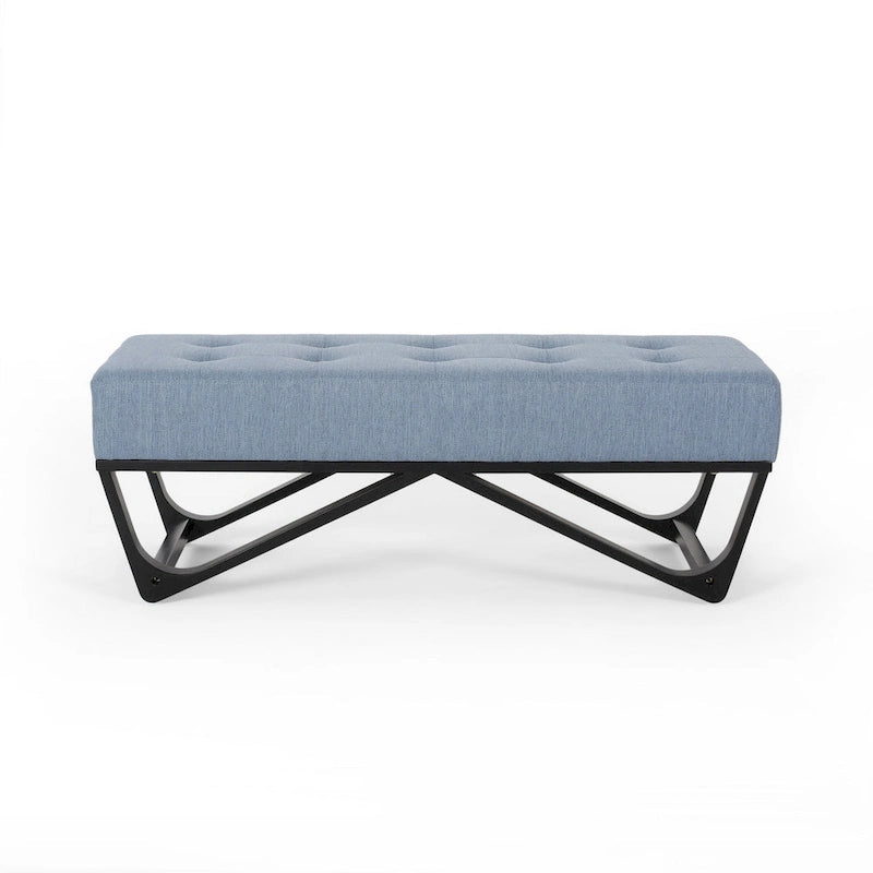 Button Tufted Light Blue Fabric Ottoman Bench, 47 Inch