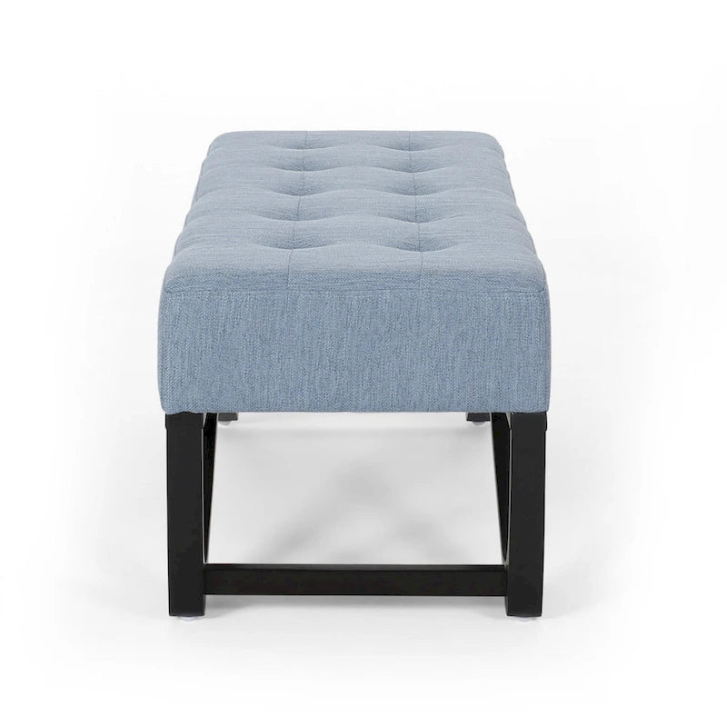 Button Tufted Light Blue Fabric Ottoman Bench, 47 Inch