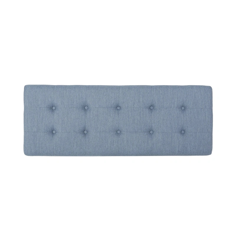 Button Tufted Light Blue Fabric Ottoman Bench, 47 Inch