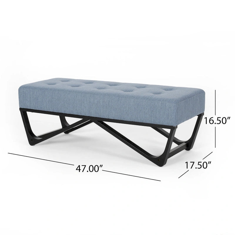 Button Tufted Light Blue Fabric Ottoman Bench, 47 Inch