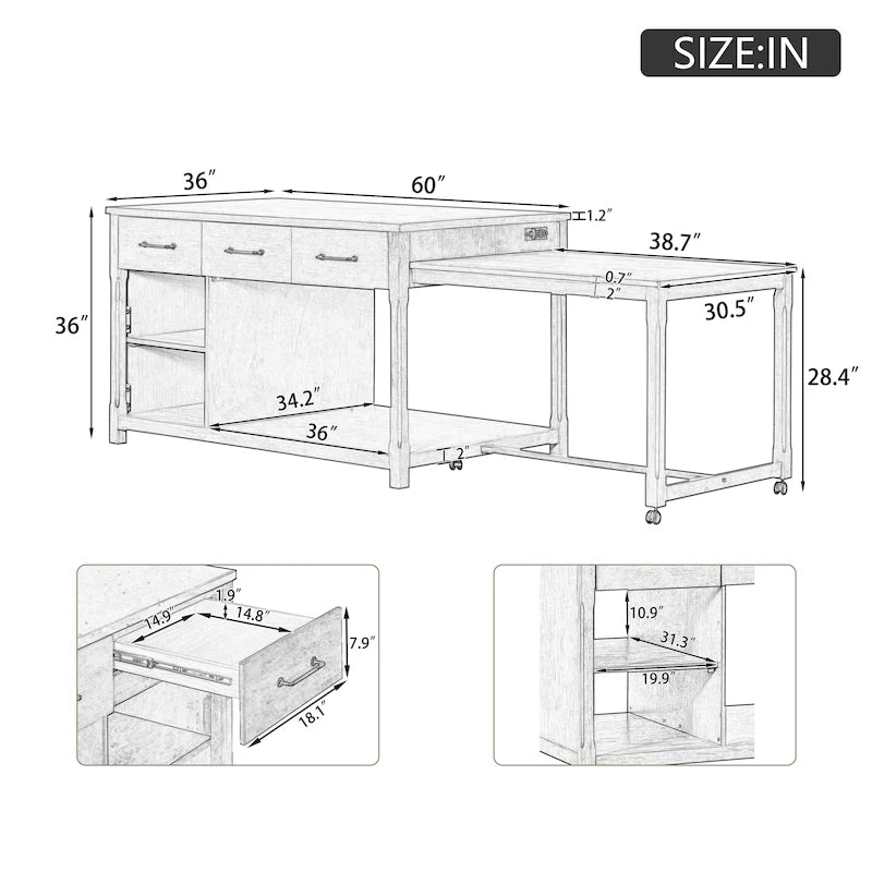 Extendable Kitchen Island with Storage Drawers and Built-in Power Outlets