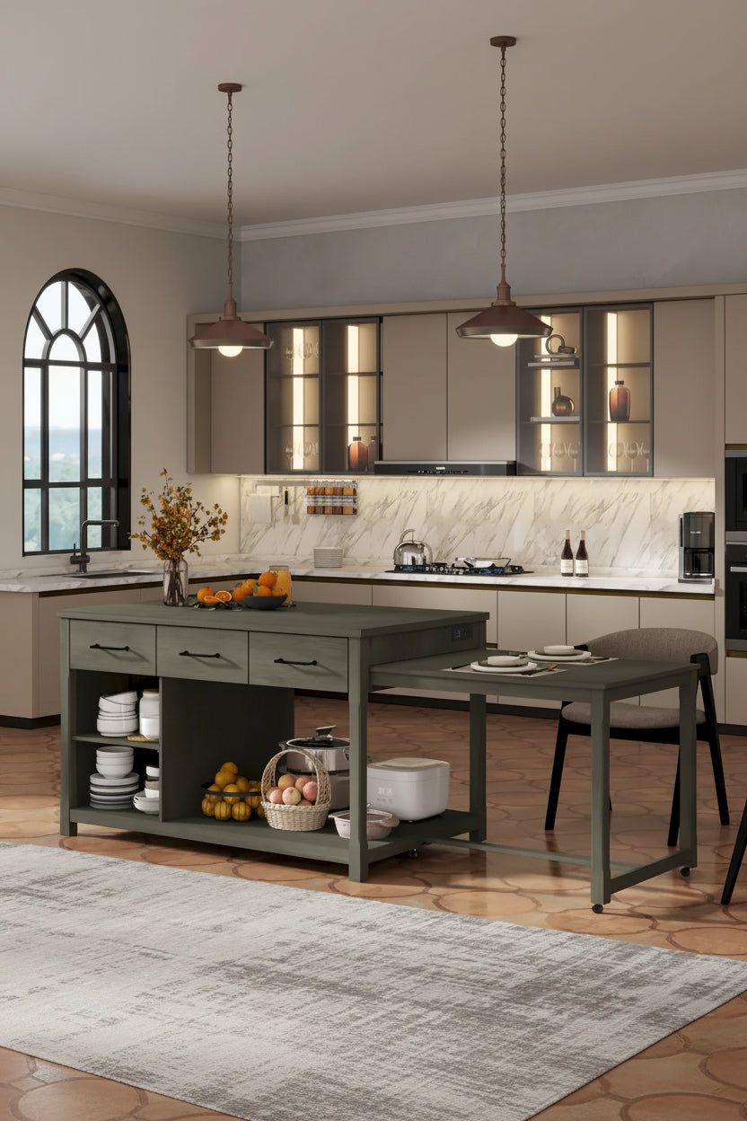 Extendable Kitchen Island With Storage(no include stool)