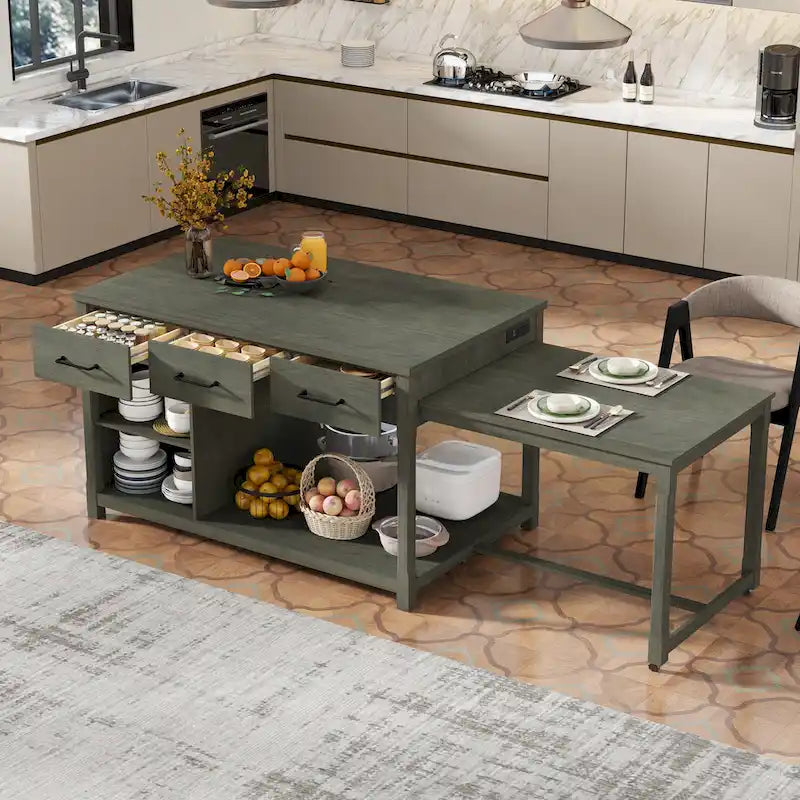 Extendable Kitchen Island with Storage Drawers and Built-in Power Outlets