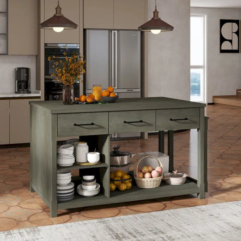 Extendable Kitchen Island with Storage Drawers and Built-in Power Outlets
