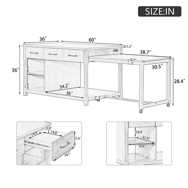 Extendable Kitchen Island with Storage Drawers and Built-in Power Outlets