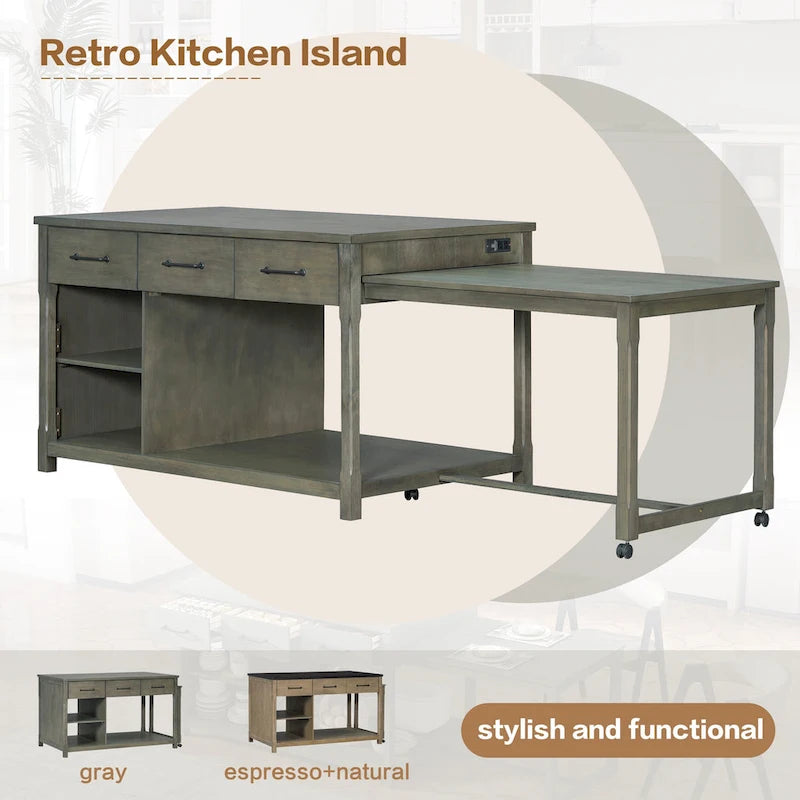 Extendable Kitchen Island with Storage Drawers and Built-in Power Outlets
