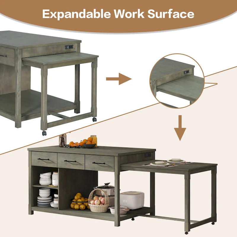 Extendable Kitchen Island with Storage Drawers and Built-in Power Outlets