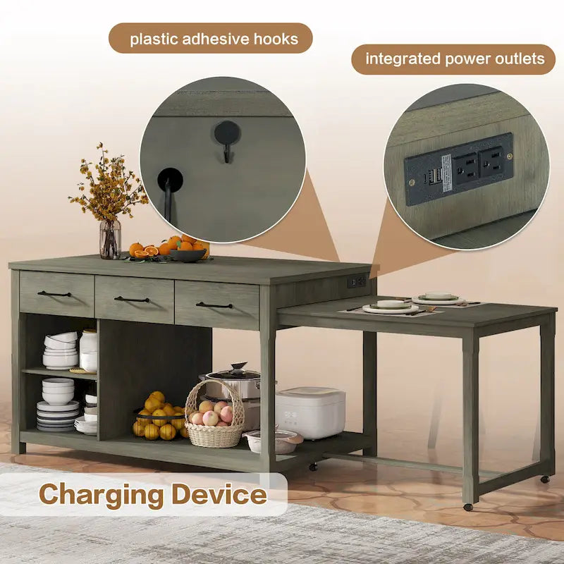 Extendable Kitchen Island with Storage Drawers and Built-in Power Outlets