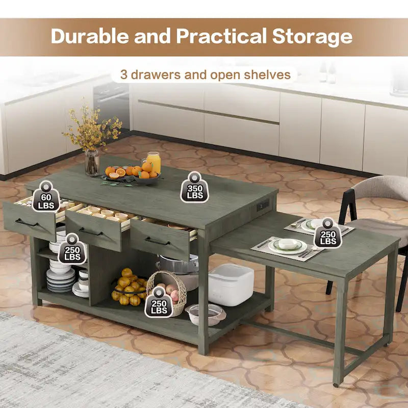 Extendable Kitchen Island with Storage Drawers and Built-in Power Outlets