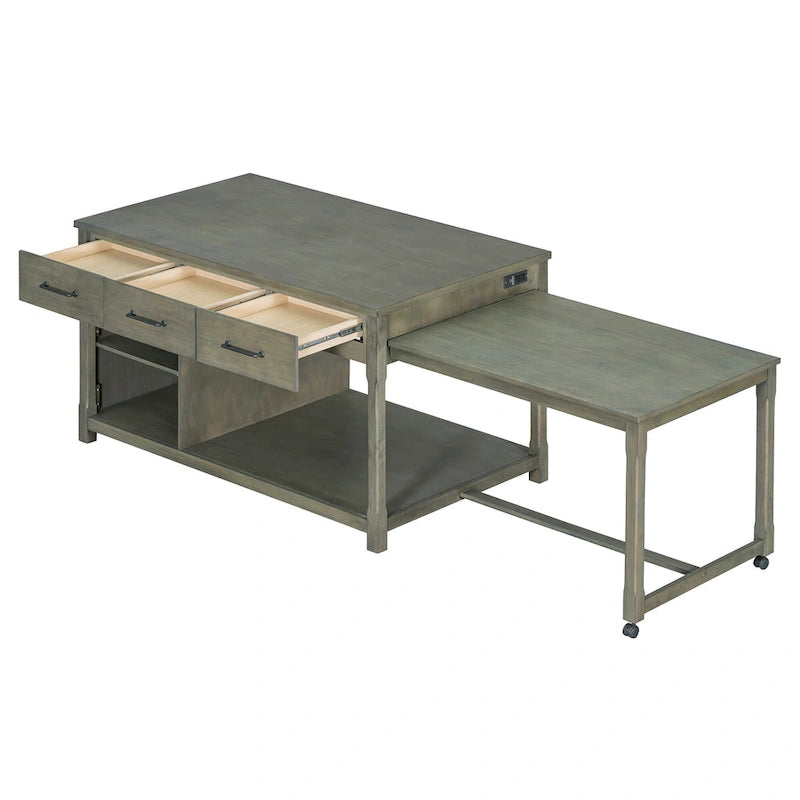 Extendable Kitchen Island with Storage Drawers and Built-in Power Outlets