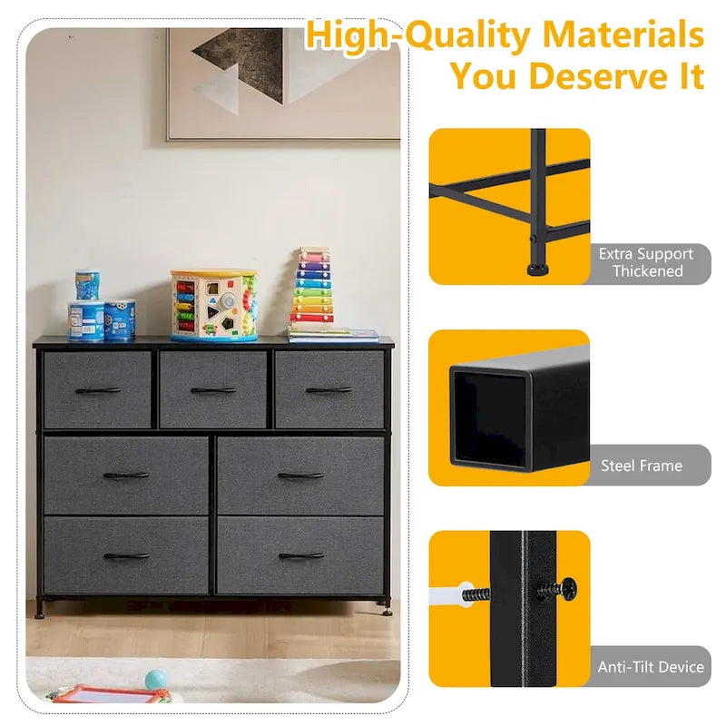 7-Drawer Fabric Dresser with Wood Top - Freestanding Storage Tower