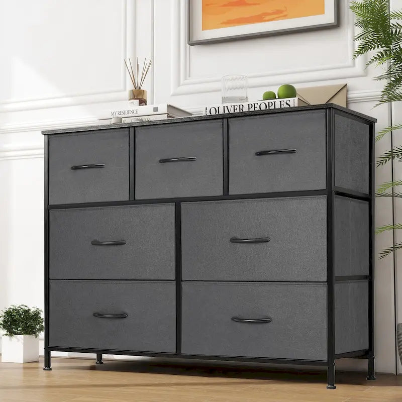 7-Drawer Fabric Dresser with Wood Top - Freestanding Storage Tower