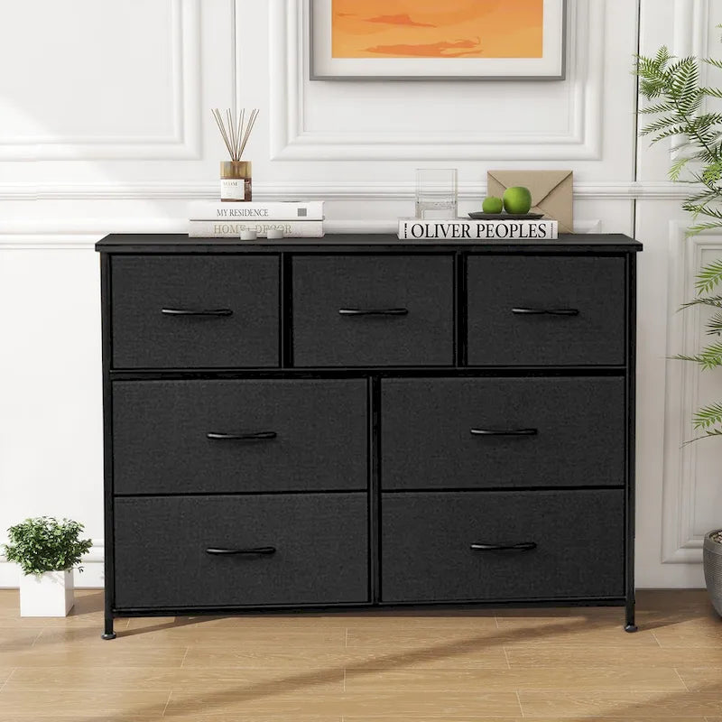 7-Drawer Fabric Dresser with Wood Top - Freestanding Storage Tower