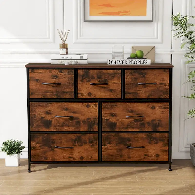 7-Drawer Fabric Dresser with Wood Top - Freestanding Storage Tower