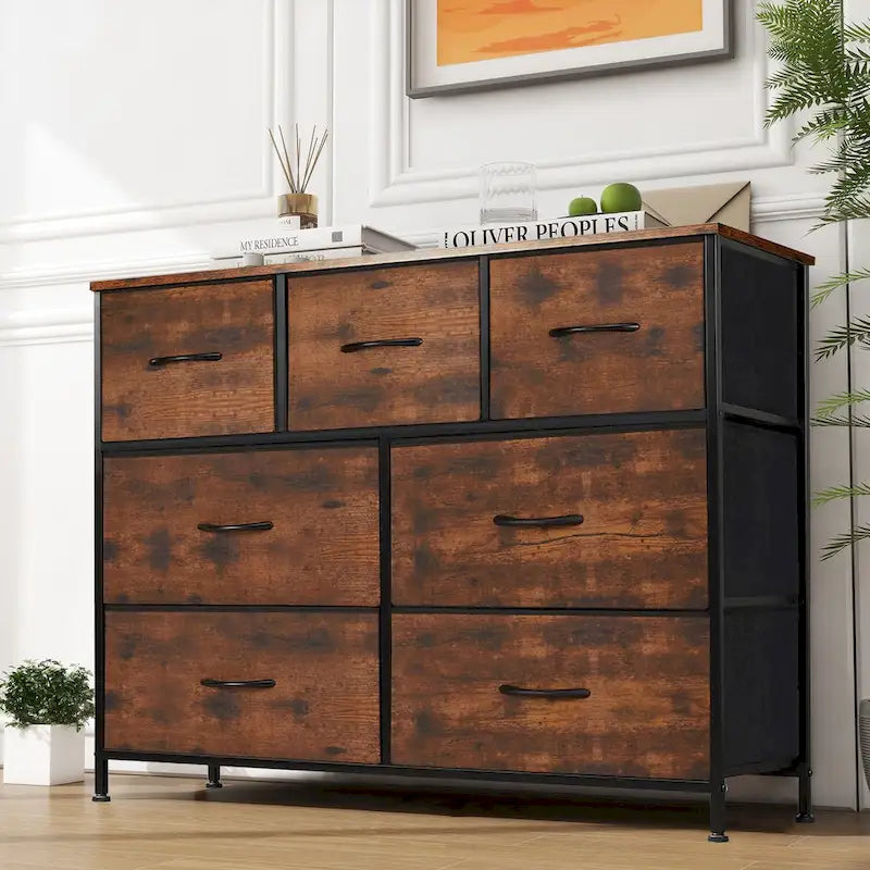 7-Drawer Fabric Dresser with Wood Top - Freestanding Storage Tower
