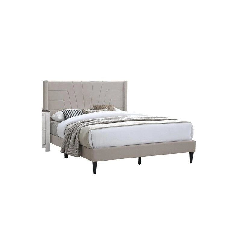 Queen Upholstered Platform Bed with Geometric Tufted Headboard - Light Brown