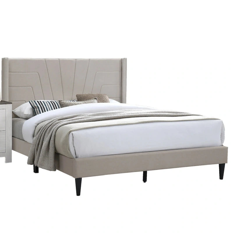 Queen Upholstered Platform Bed with Geometric Tufted Headboard - Light Brown
