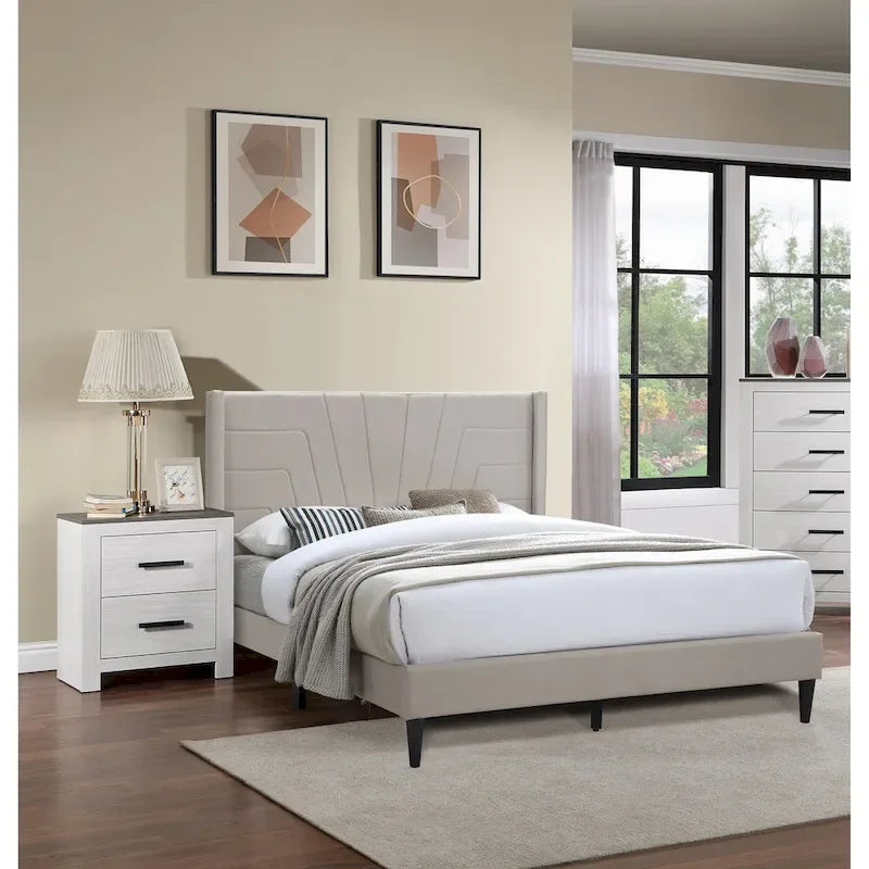 Queen Upholstered Platform Bed with Geometric Tufted Headboard - Light Brown