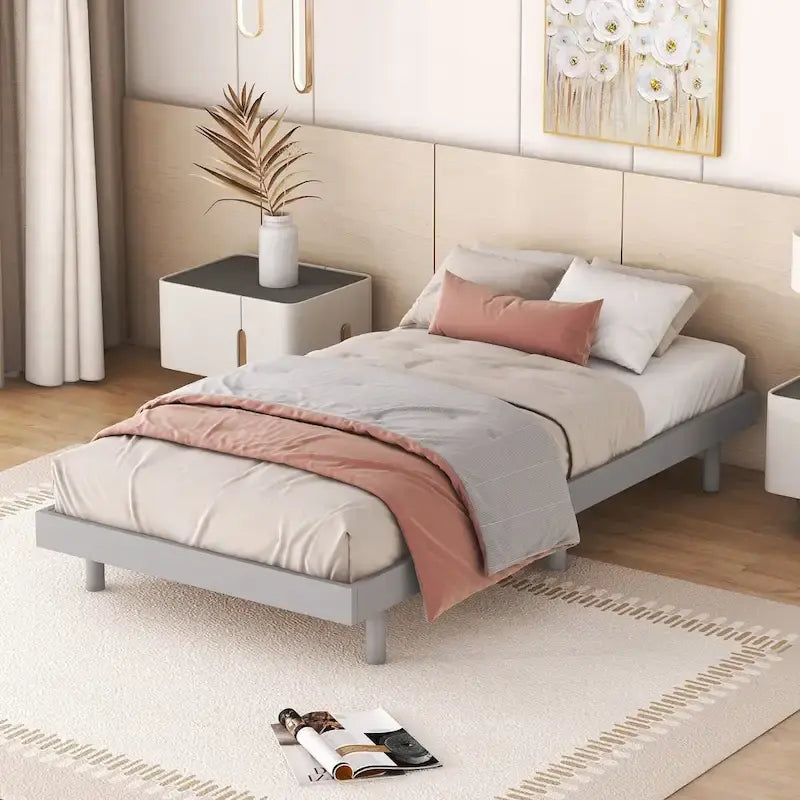 Twin Floating Platform Bed Frame with Rubberwood Legs - Gray Particle Board