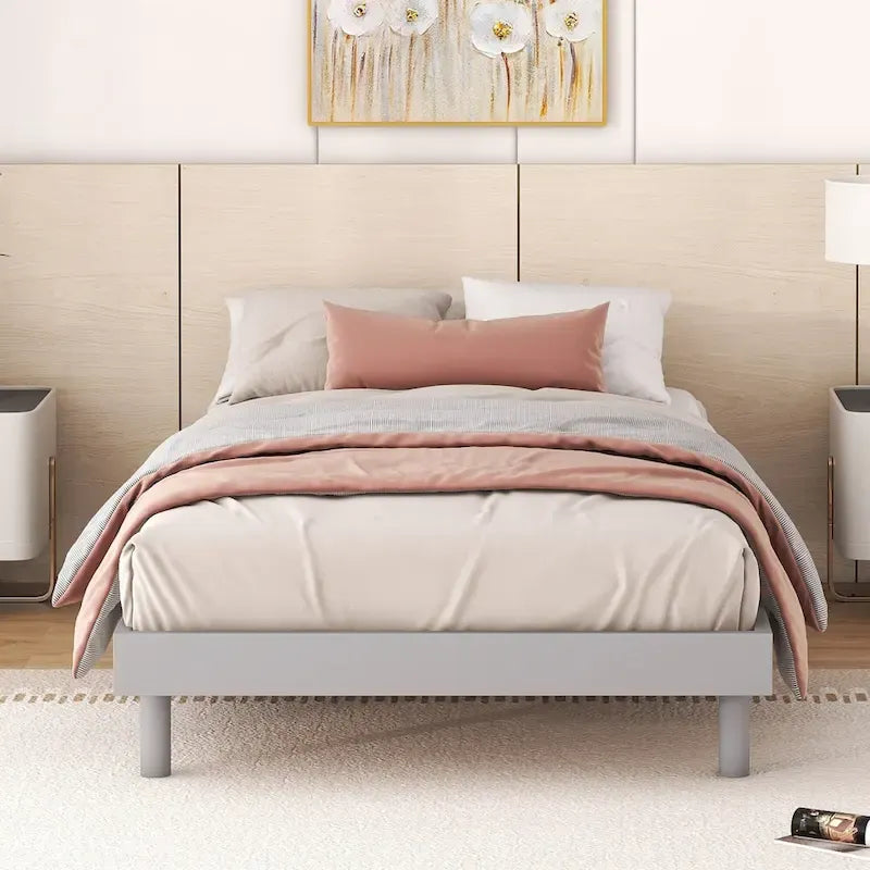 Twin Floating Platform Bed Frame with Rubberwood Legs - Gray Particle Board