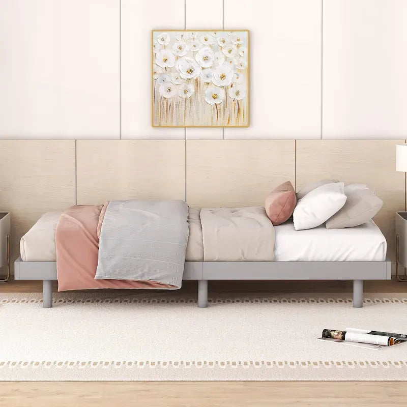 Twin Floating Platform Bed Frame with Rubberwood Legs - Gray Particle Board