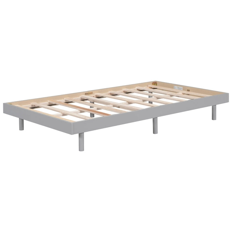 Twin Floating Platform Bed Frame with Rubberwood Legs - Gray Particle Board