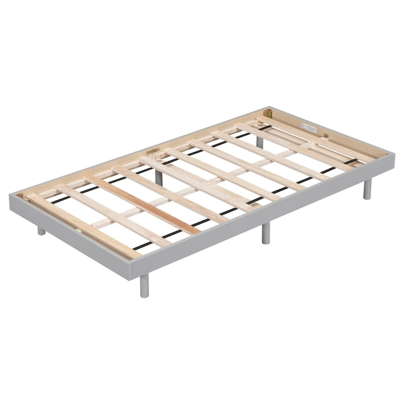 Twin Floating Platform Bed Frame with Rubberwood Legs - Gray Particle Board