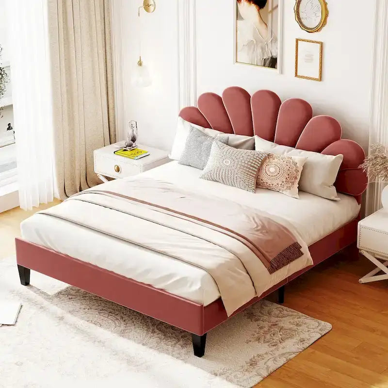 Red Velvet Upholstered Platform Bed with Flower Pattern Headboard