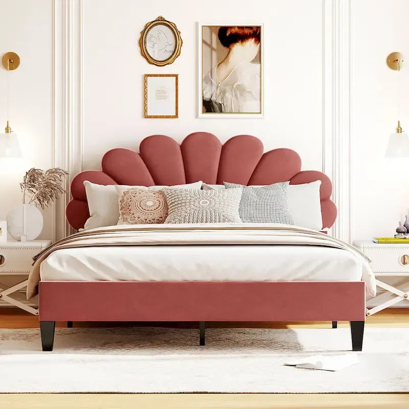 Red Velvet Upholstered Platform Bed with Flower Pattern Headboard