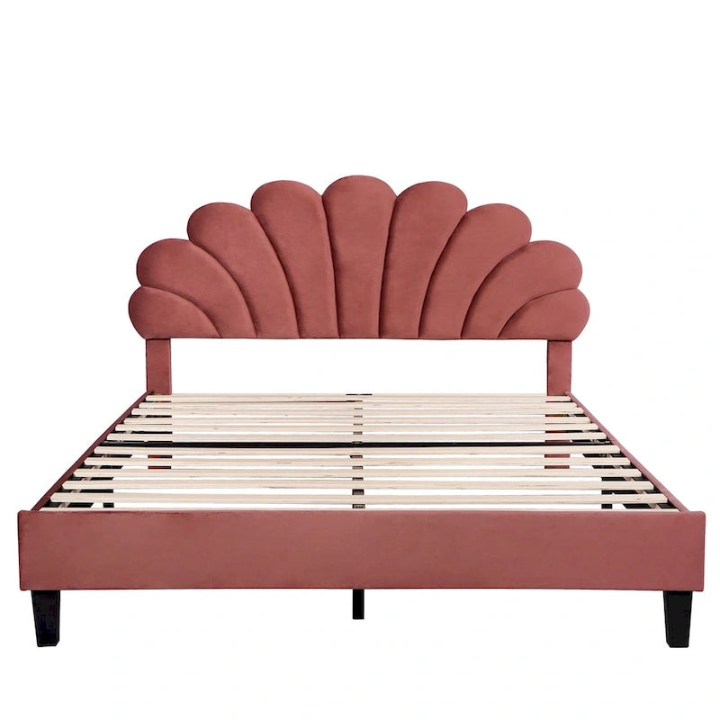 Red Velvet Upholstered Platform Bed with Flower Pattern Headboard
