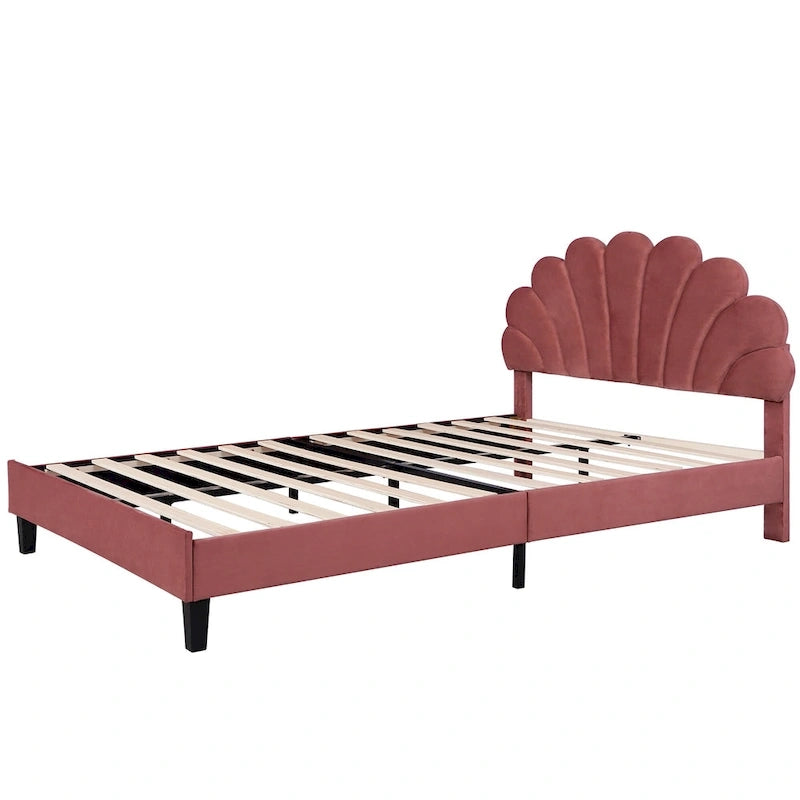 Red Velvet Upholstered Platform Bed with Flower Pattern Headboard