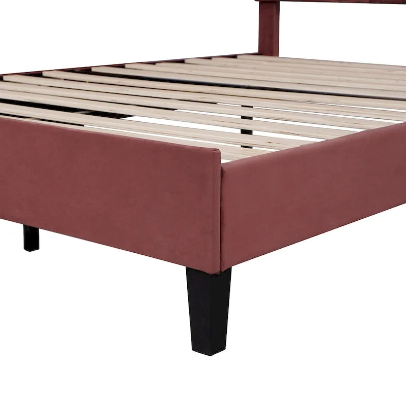 Red Velvet Upholstered Platform Bed with Flower Pattern Headboard