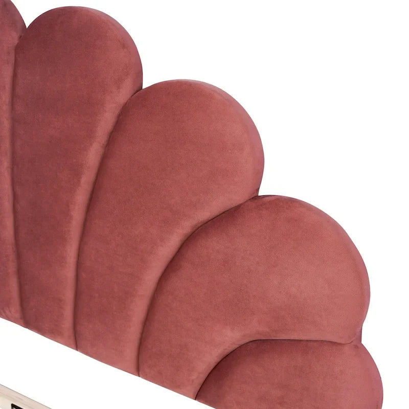 Red Velvet Upholstered Platform Bed with Flower Pattern Headboard